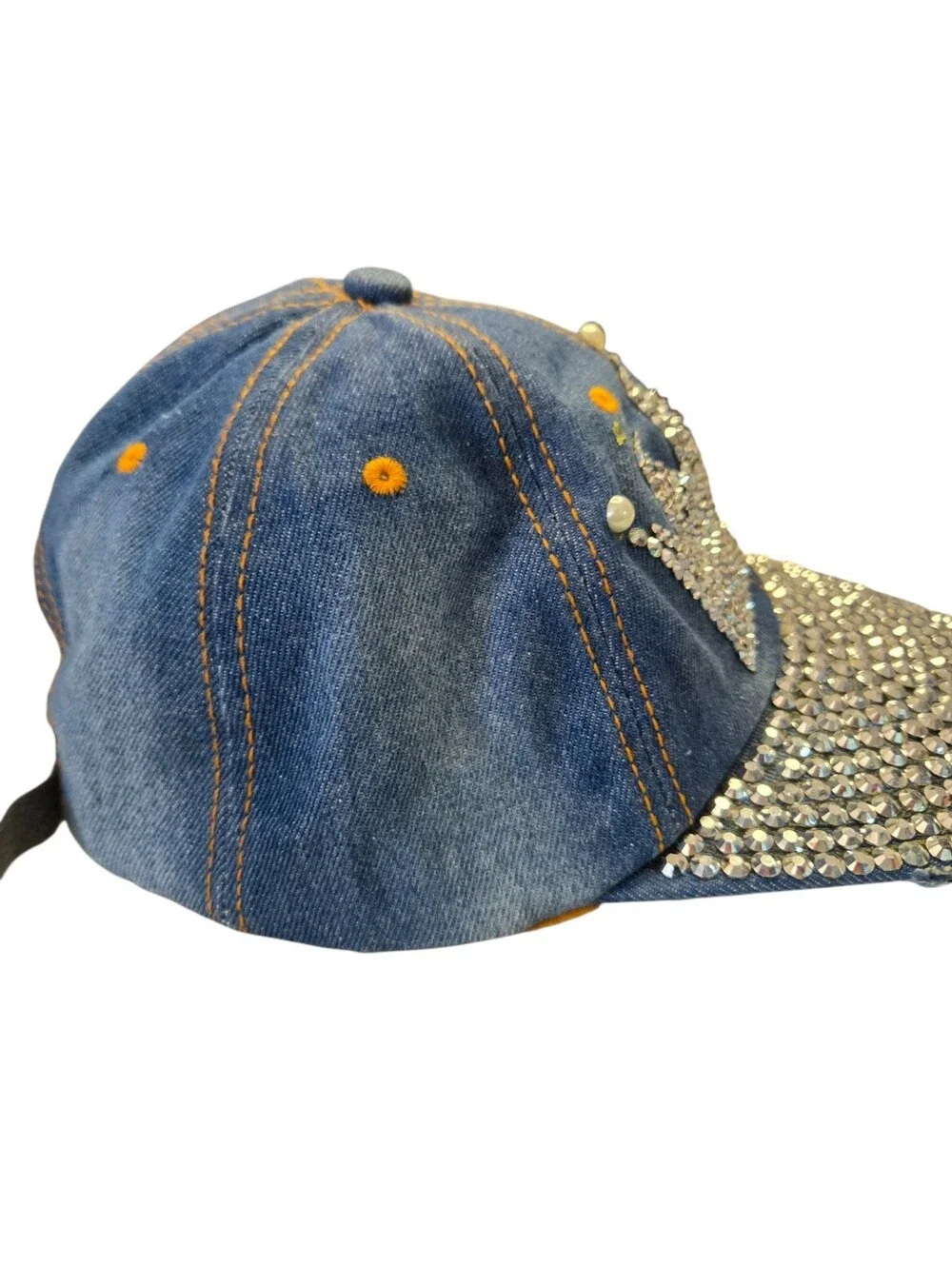 👑 Magid Hat's Rhinestone Crown Denim Baseball Cap | Bling Pearl Distressed Hat